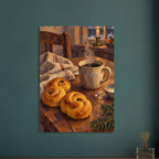 Saffron Buns at Dusk shows two saffron buns, coffee, folded linen and a fir sprig on a tilted table in ochre, aubergine and o