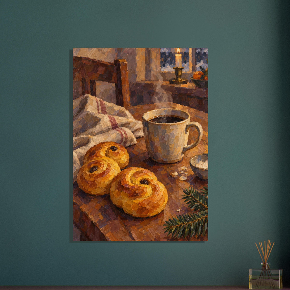 Saffron Buns at Dusk shows two saffron buns, coffee, folded linen and a fir sprig on a tilted table in ochre, aubergine and o