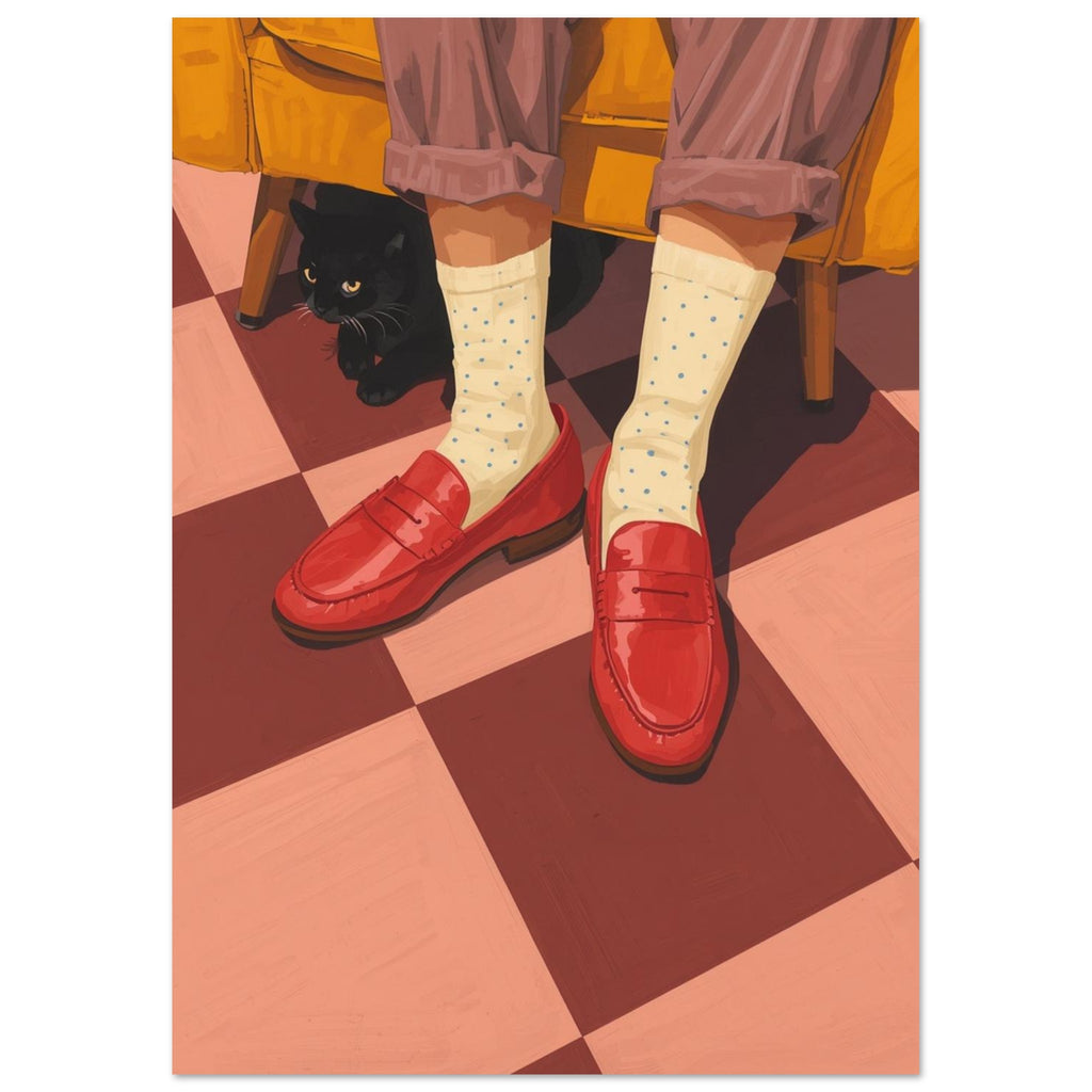 Red loafers and cream dotted socks on a chequered floor, with a black cat beneath a mustard armchair.