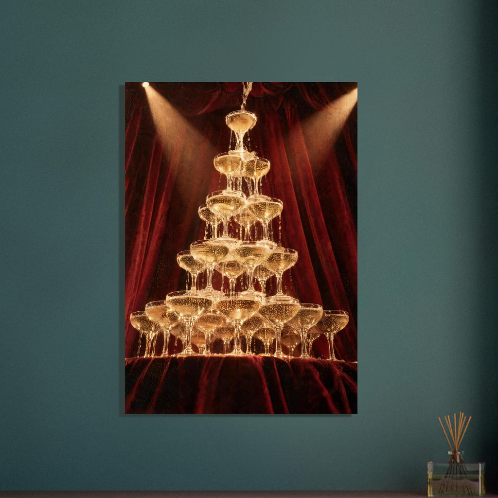 Champagne cascading down a tower of coupe glasses, lit by warm spotlights against deep burgundy curtains.
