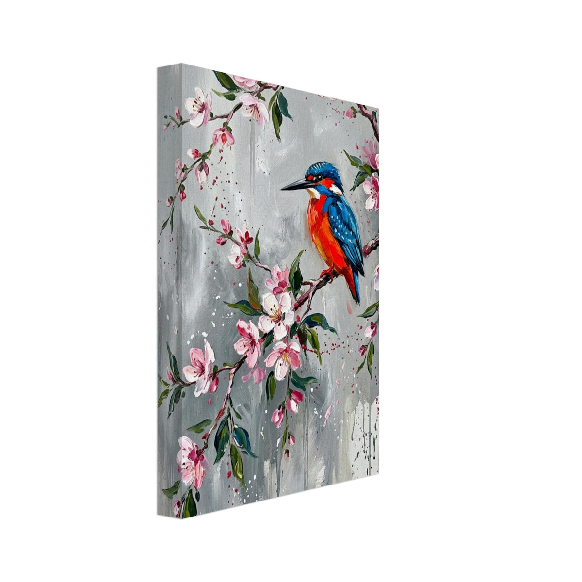 Blue and orange kingfisher perched among pink blossoms and green leaves against a grey background with paint drips.