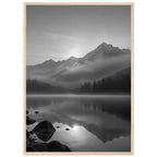 Mountain peaks and conifer forests reflected in a misty lake, with rocks in the foreground, in black and white.