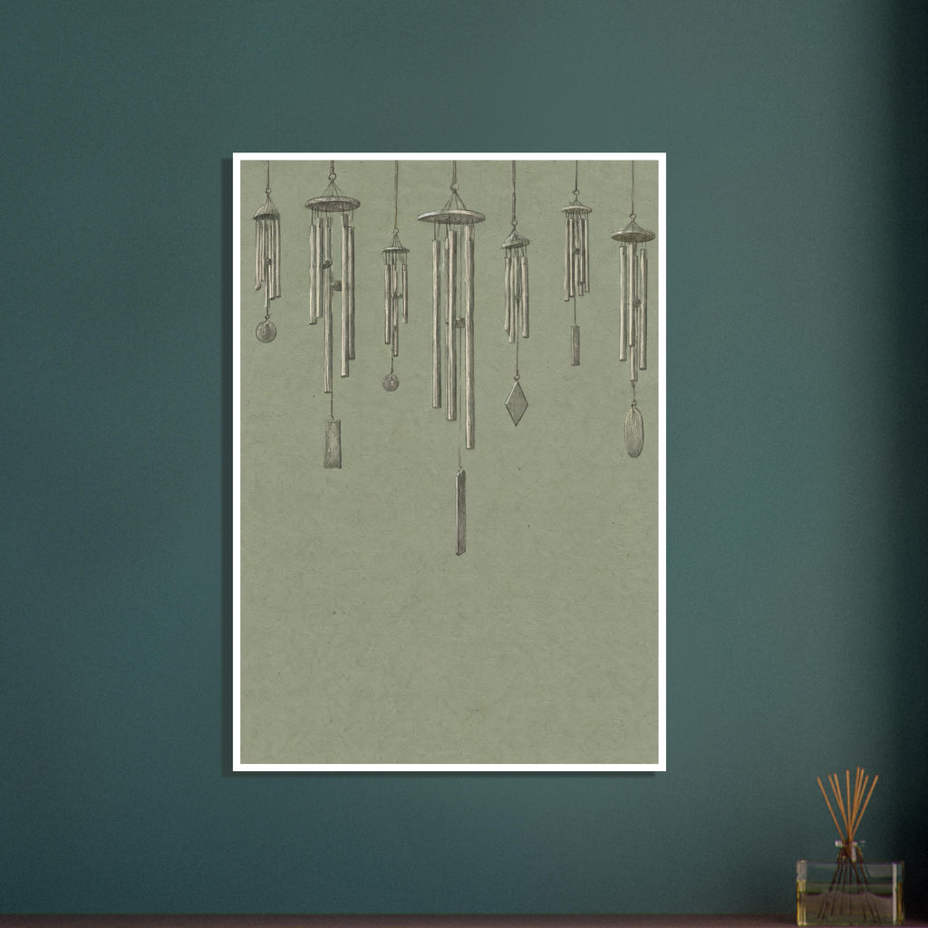 Seven finely drawn wind chimes hanging at varied heights against a textured sage green background.