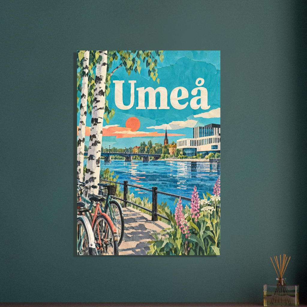 Umeå med Vävens vita och mörka fasad, Gamla bron, björkstammar och cyklar längs en turkos älv.
