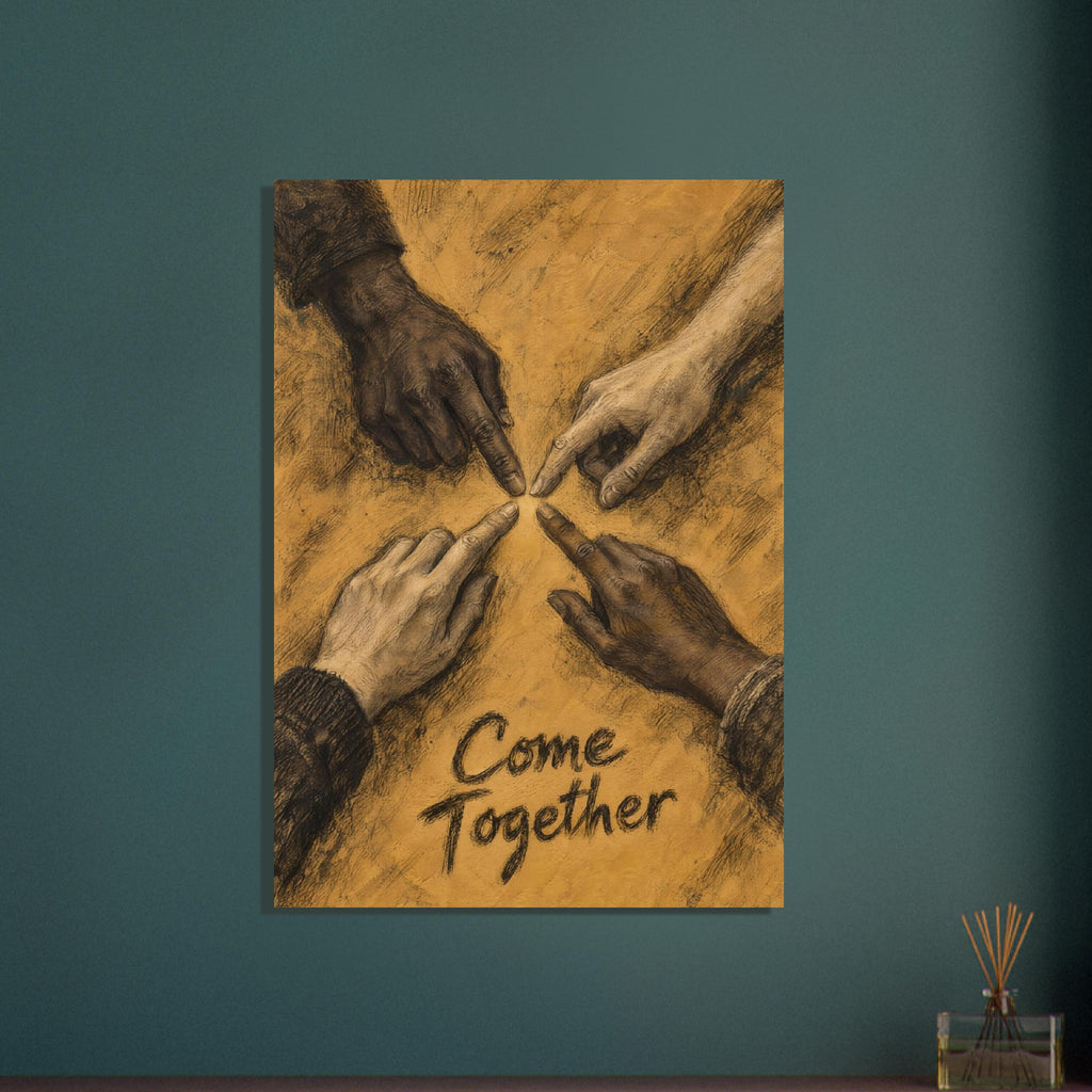 Four sketched hands with varied skin tones point towards the centre on an ochre background above “Come Together” text.