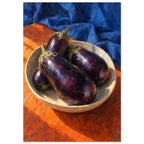 Purple aubergines in a shallow cream bowl on an orange surface, with folded blue fabric and bold visible brushstrokes.