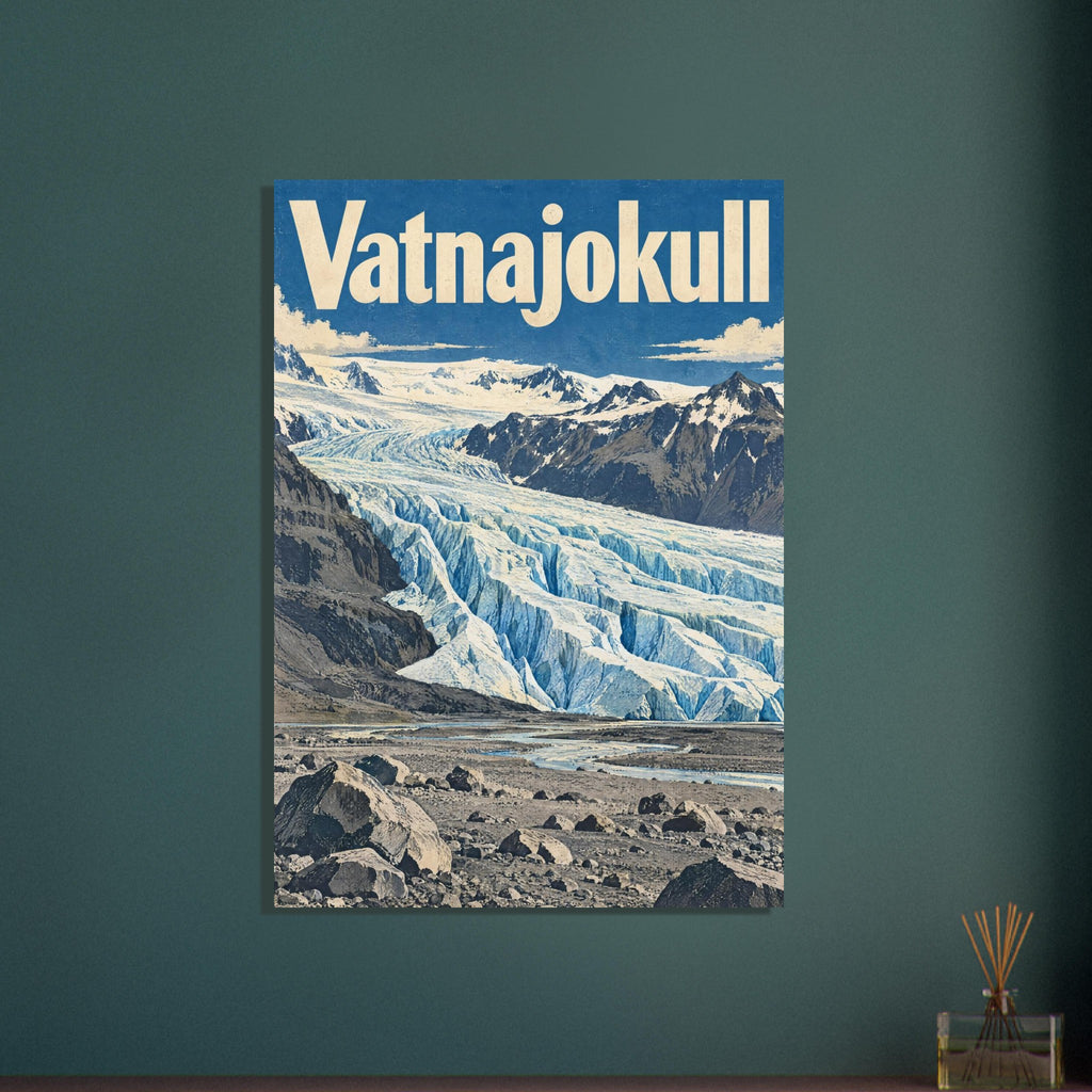 Vatnajokull glacier with blue ice, jagged mountains and a rocky foreground beneath large cream lettering in a blue sky.