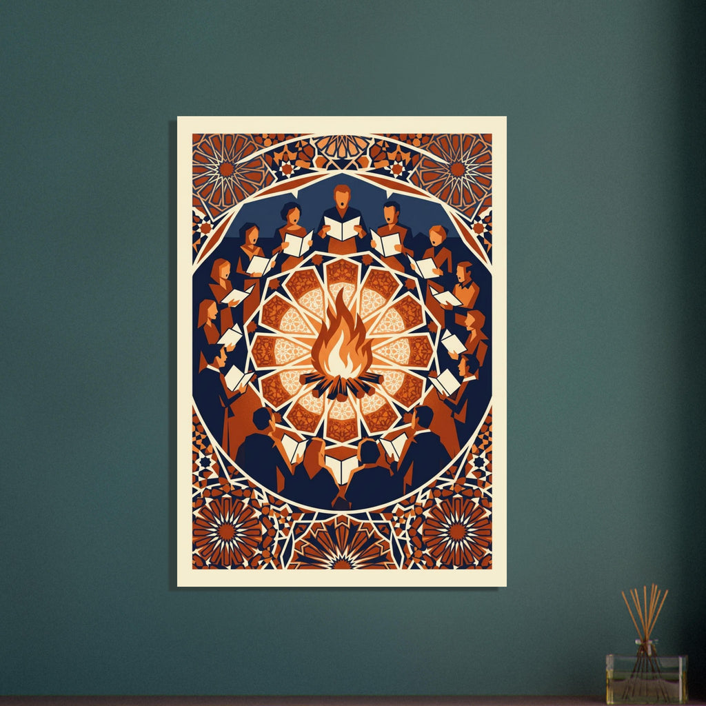 Singers holding open songbooks circle a bonfire, surrounded by ornate geometric patterns in navy, orange and cream.