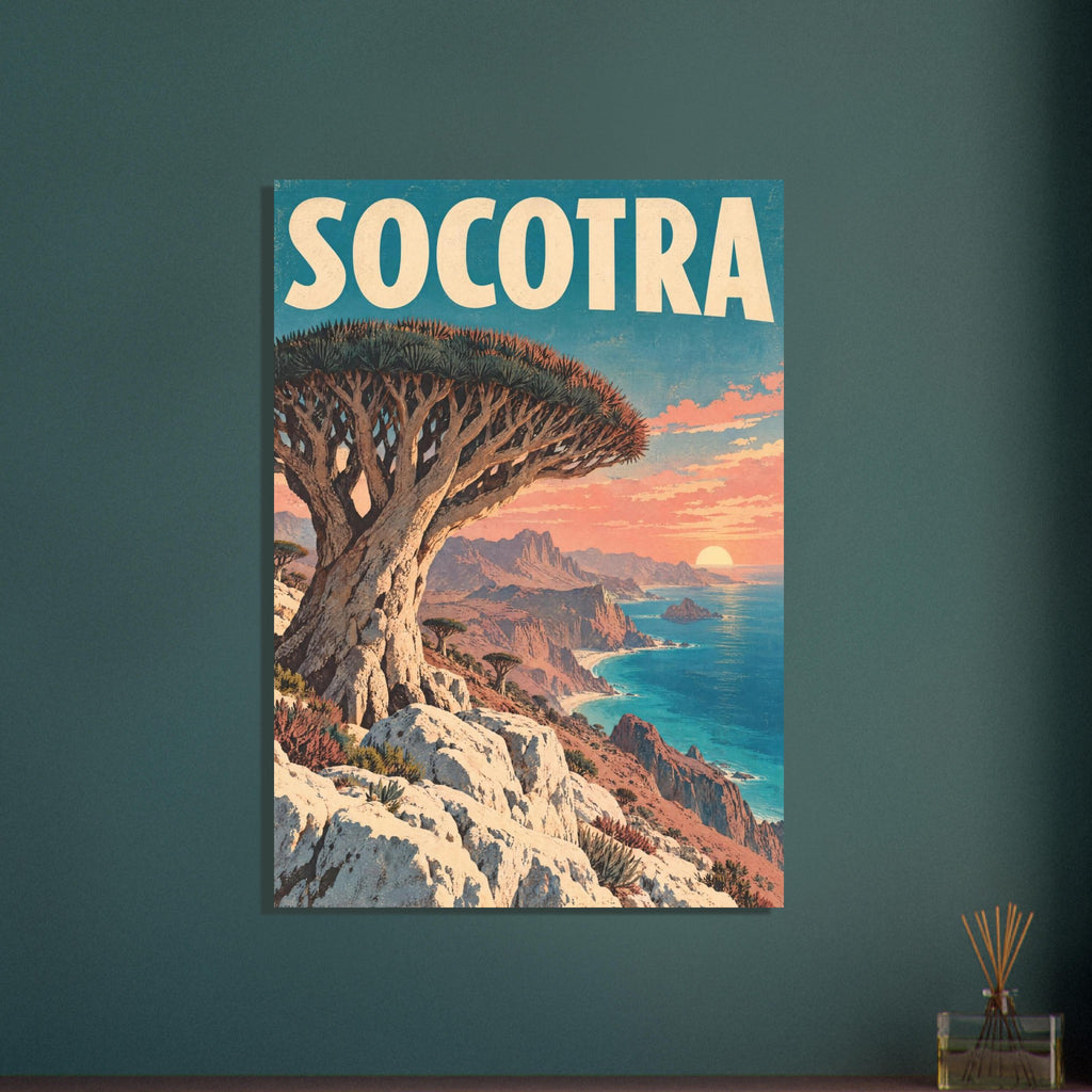 Dragon blood tree above rocky cliffs and turquoise sea at sunset, with large cream SOCOTRA lettering across the top.
