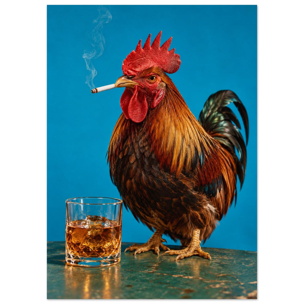 Rooster holding a smoking cigarette beside a glass of amber liquid and ice against a bright blue background.