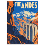 Steam train crossing a tall stone viaduct between orange cliffs, with snowy mountains and cream ‘THE ANDES’ lettering.