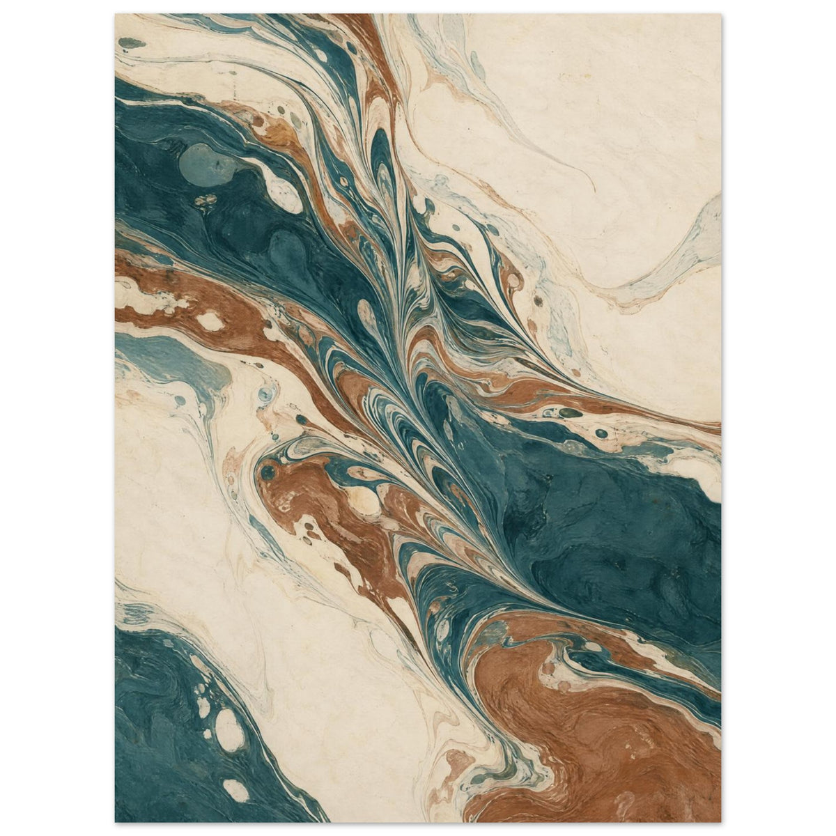 Teal, cream and brown marbled swirls with fine feathered lines flowing diagonally across a vertical composition.