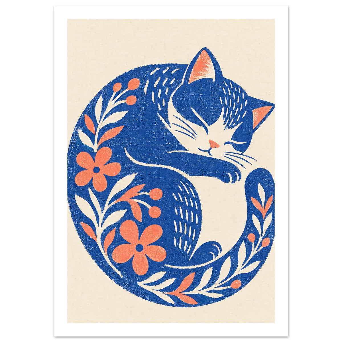 Blue sleeping cat curled into a crescent, decorated with coral flowers and leafy sprigs on a cream background.