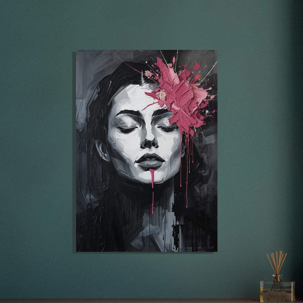 Woman with closed eyes painted in black, white and grey, with thick pink splashes across her forehead and long drips.