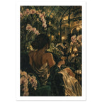 Woman in a gold dress holding a coupe glass, seated among pale orchids and dark foliage beneath a glasshouse roof.