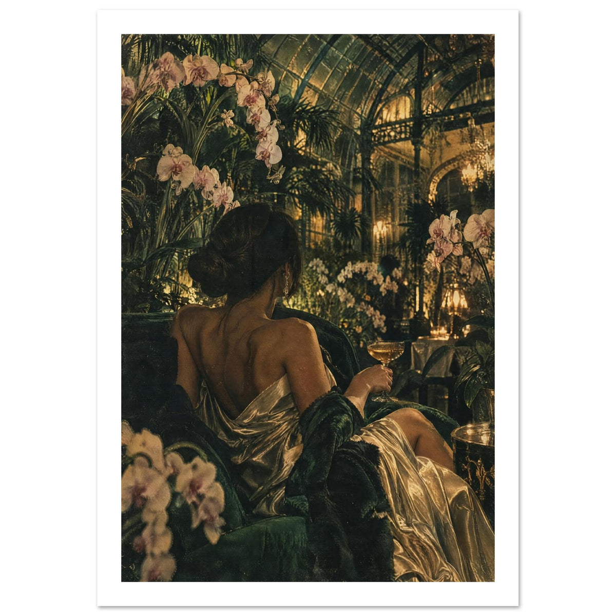 Woman in a gold dress holding a coupe glass, seated among pale orchids and dark foliage beneath a glasshouse roof.