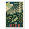 Duga radar array above forest buildings, a barrier and radiation sign, with wildflowers and bold Duga Ukraine lettering.