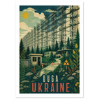 Duga radar array above forest buildings, a barrier and radiation sign, with wildflowers and bold Duga Ukraine lettering.