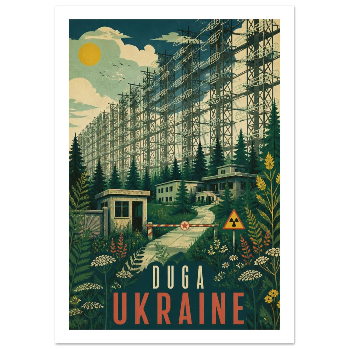 Duga radar array above forest buildings, a barrier and radiation sign, with wildflowers and bold Duga Ukraine lettering.