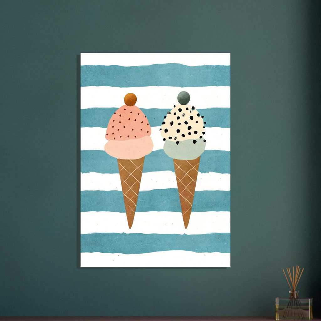 Two Ice Cream Cones on Blue Stripes – illustration wall art print by Printavelle – close-up