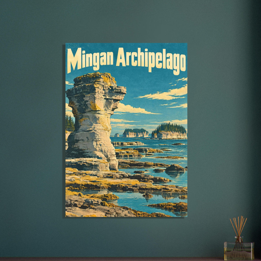 Mingan Archipelago lettering above a tall coastal rock formation, teal tidal pools and distant tree-topped islands.