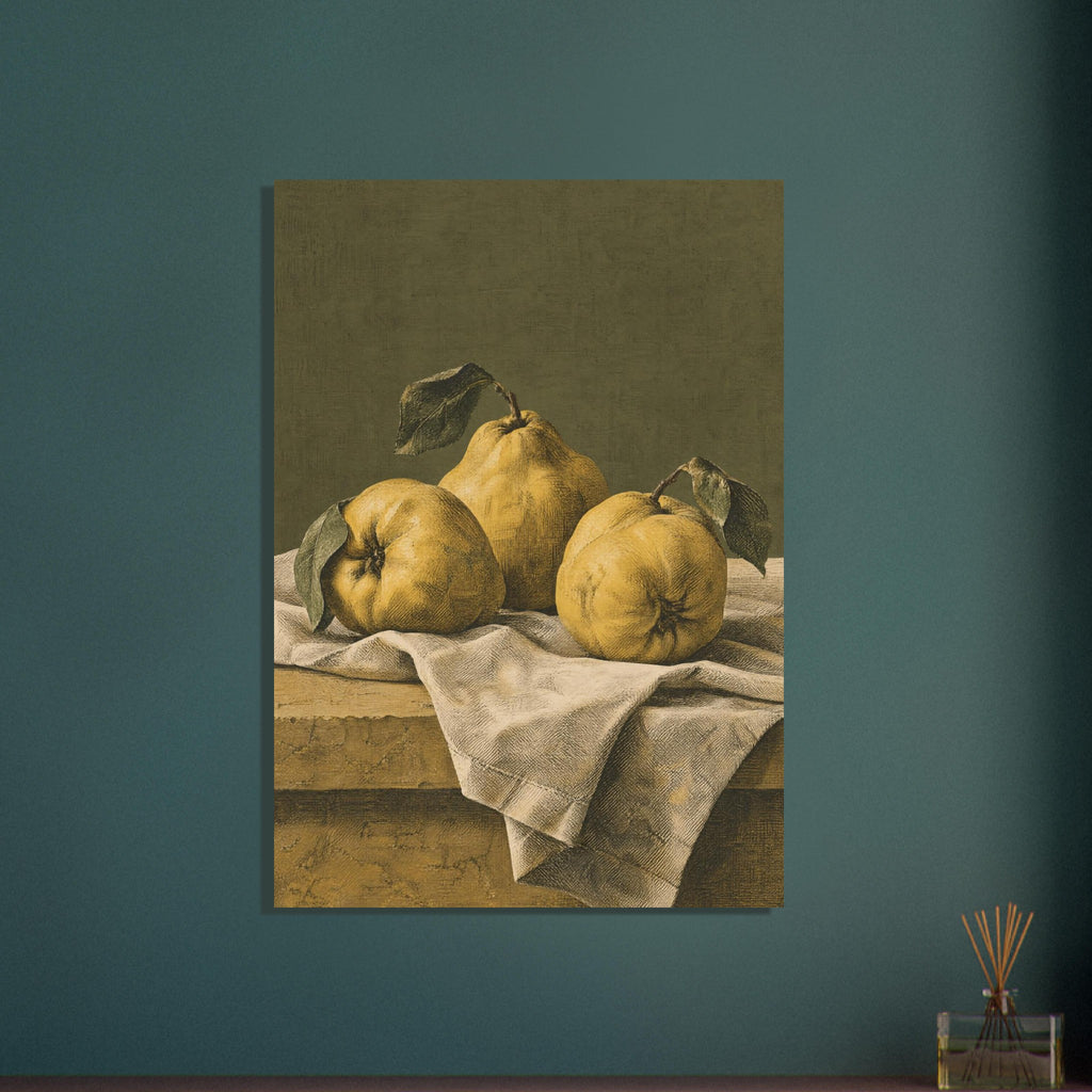 Three yellow quinces with dark leaves on folded cream linen, set on a rustic ledge against an olive green background.