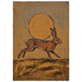 Brown hare leaping beneath a large ochre sun, with textured brushwork and scratched marks across an earthy background.