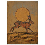 Brown hare leaping beneath a large ochre sun, with textured brushwork and scratched marks across an earthy background.