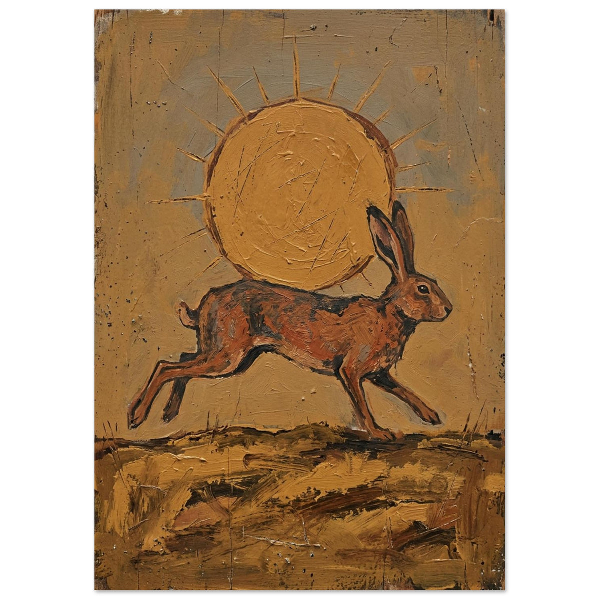 Brown hare leaping beneath a large ochre sun, with textured brushwork and scratched marks across an earthy background.