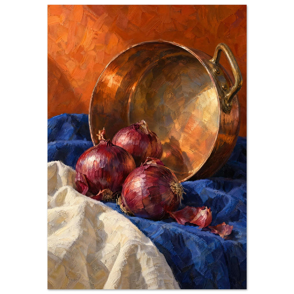 Three red onions and loose skins on blue and cream cloth beside a tilted copper pan against an orange background.