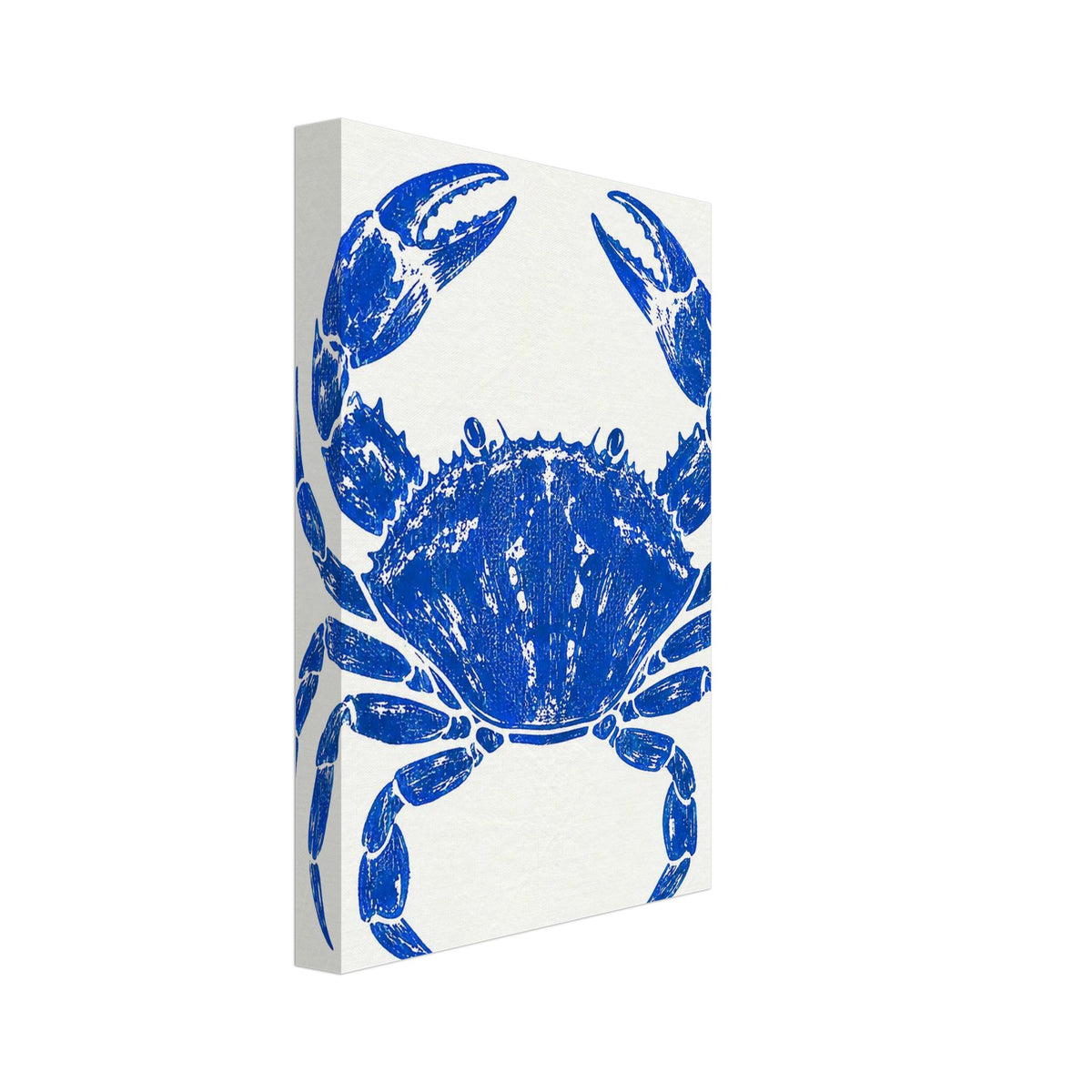 Ultramarine blue crab with raised claws and distressed detailing, centred on a warm cream background.