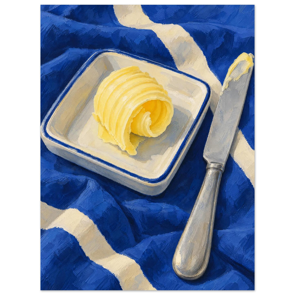 The Butter Curl still life showing a curled pat of butter on a rectangular dish beside a silver knife on cobalt cloth.