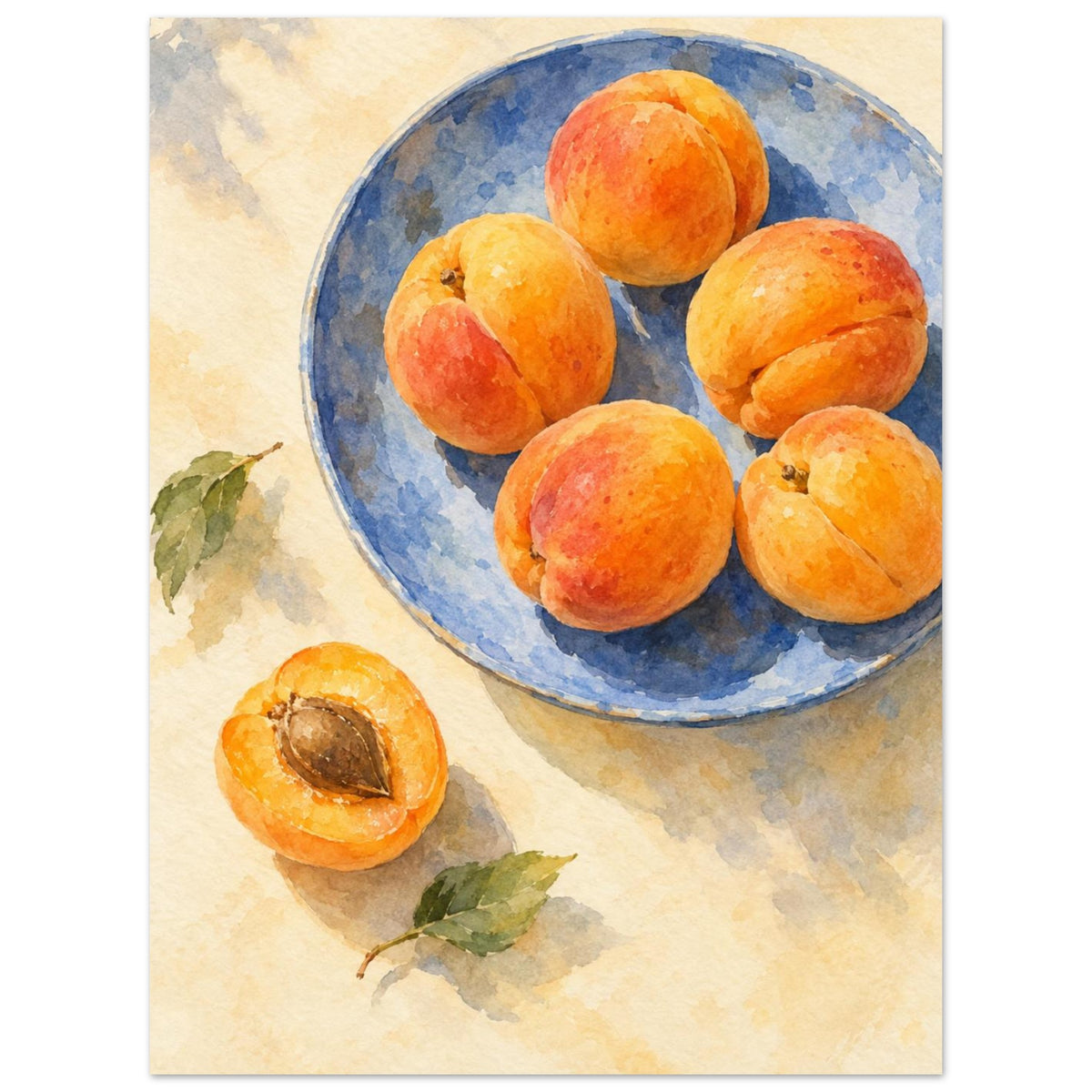 Apricots on a blue plate painted in watercolour, with a halved fruit beside the plate on a buttery cream tabletop.