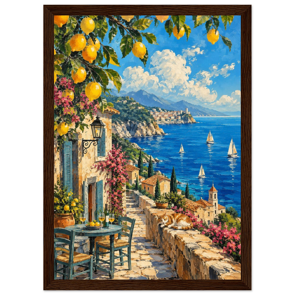 Lemon branches above a seaside terrace with a table, chairs and resting cat, overlooking sailboats and a coastal village.