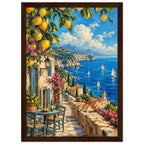Lemon branches above a seaside terrace with a table, chairs and resting cat, overlooking sailboats and a coastal village.