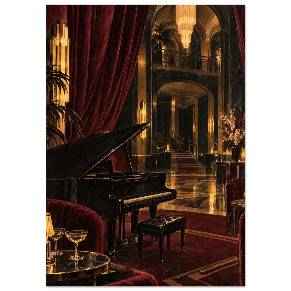 Black grand piano in an ornate lounge with burgundy curtains, golden chandeliers, velvet chairs and a staircase.