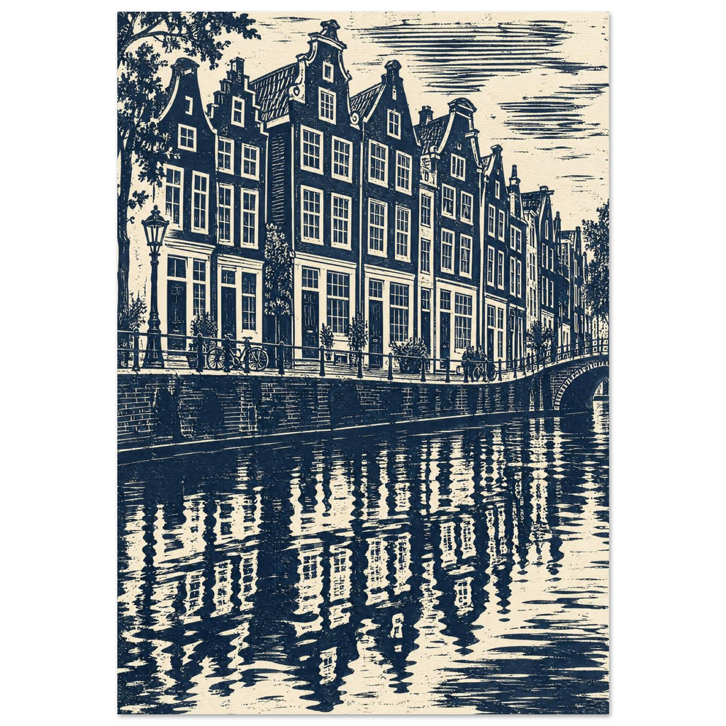 Gabled canal houses in navy and cream, with a street lamp, bicycles, an arched bridge and rippling reflections.