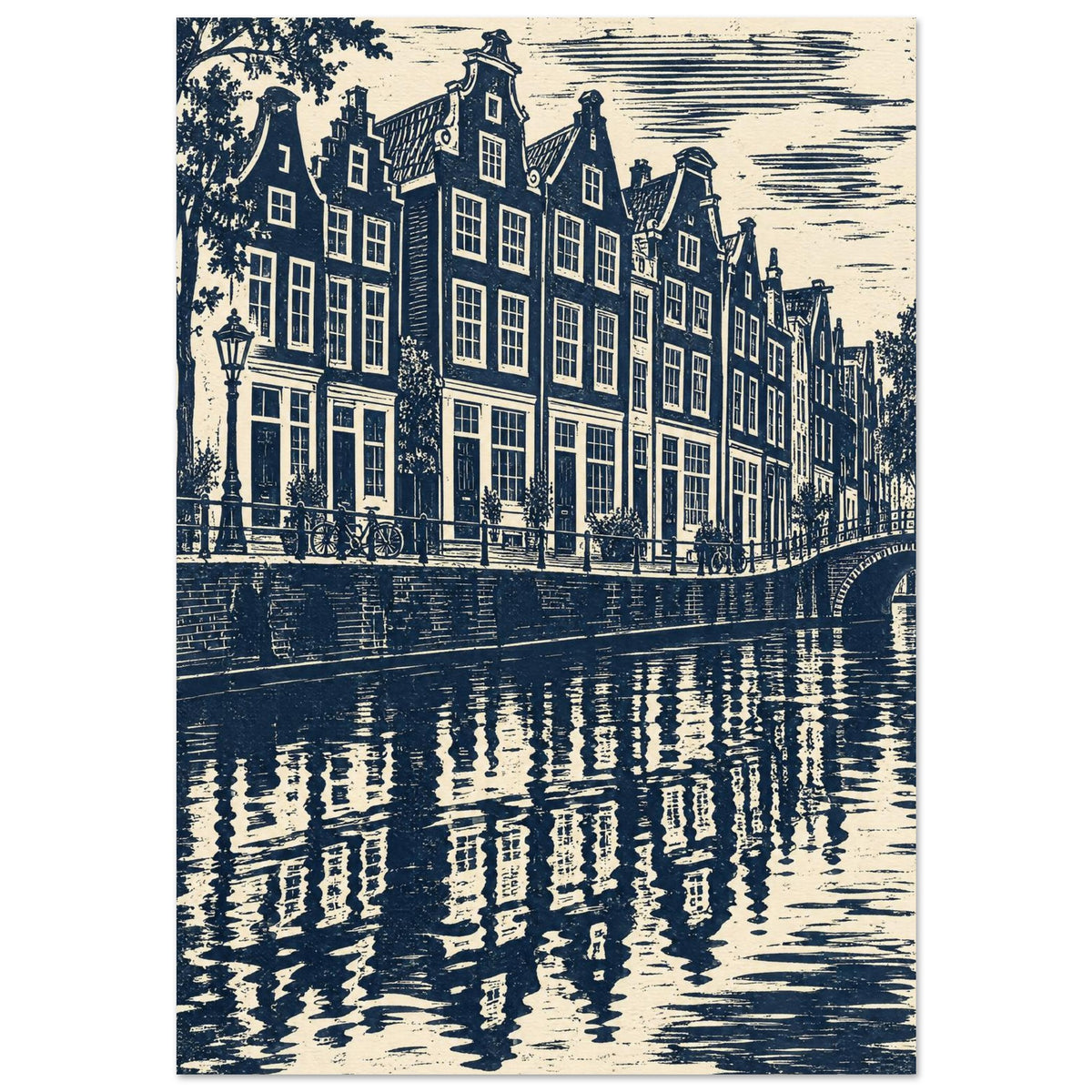 Gabled canal houses in navy and cream, with a street lamp, bicycles, an arched bridge and rippling reflections.