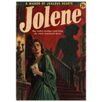 Jolene pulp-style cover with a woman in a green dress holding an envelope by a staircase, beneath a looming shadow.