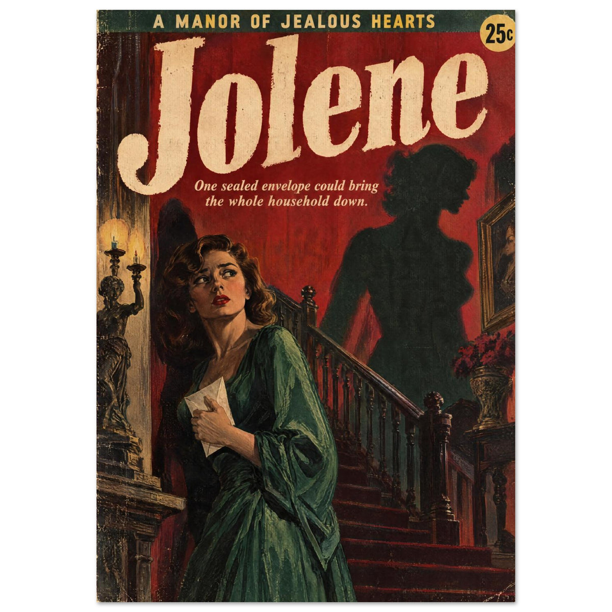 Jolene pulp-style cover with a woman in a green dress holding an envelope by a staircase, beneath a looming shadow.