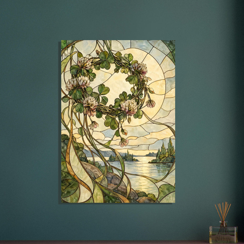 Clover flower wreath above a rocky waterside landscape, with flowing dark outlines and green and cream stained-glass panels.