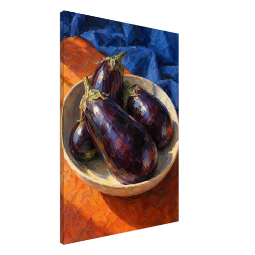 Purple aubergines in a shallow cream bowl on an orange surface, with folded blue fabric and bold visible brushstrokes.