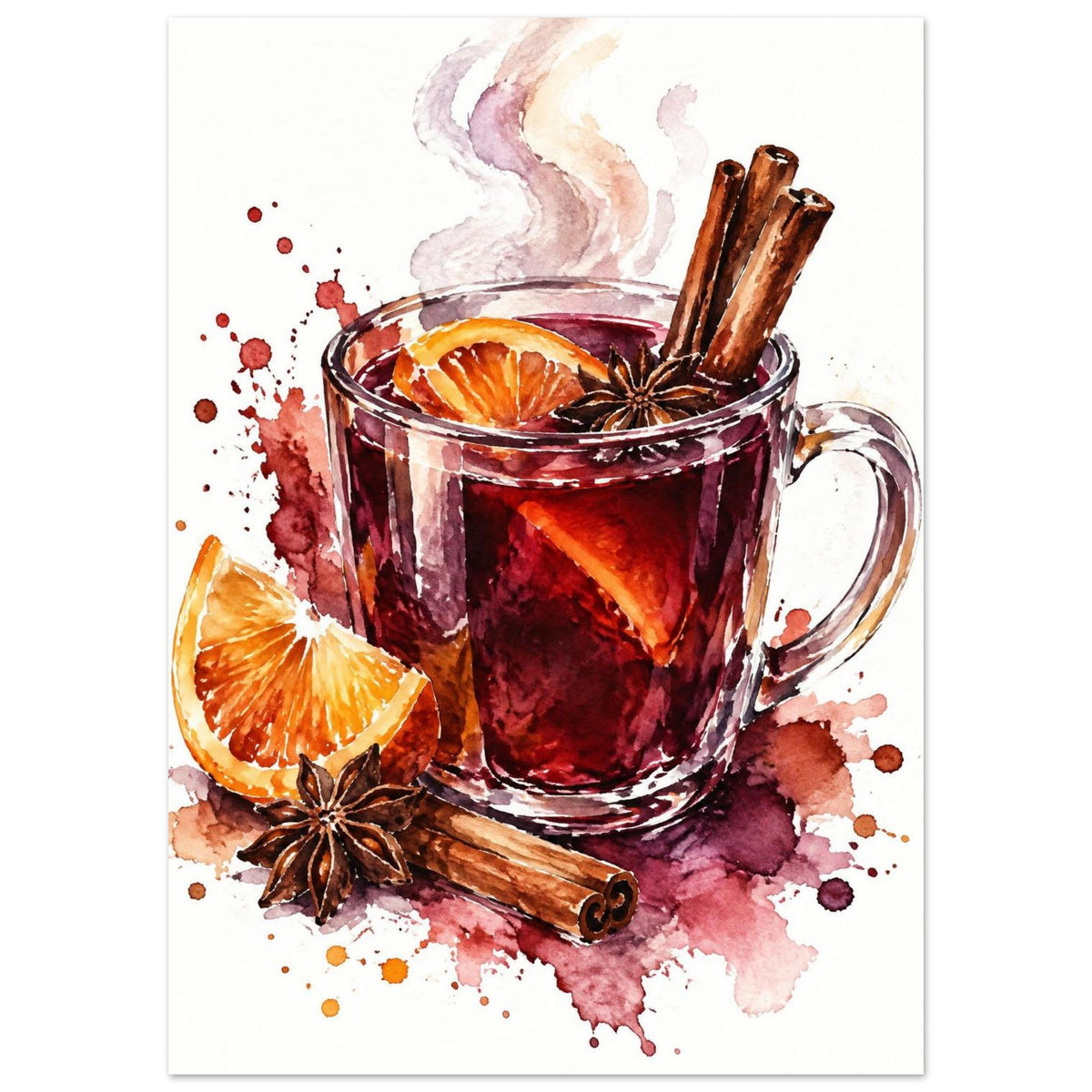 Watercolour glass of mulled wine with cinnamon sticks, star anise and orange slices