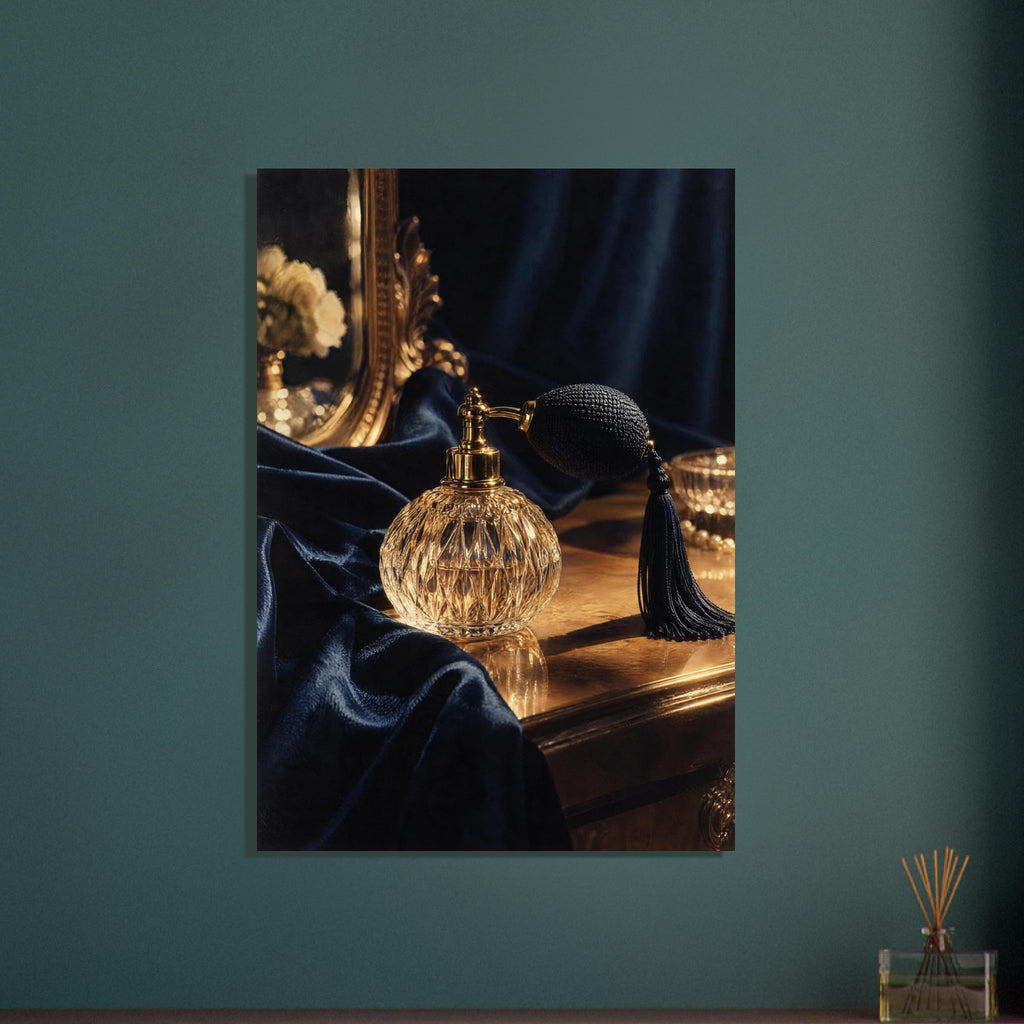 Faceted glass perfume bottle with black bulb and tassel on a golden tabletop beside navy drapery and an ornate mirror.