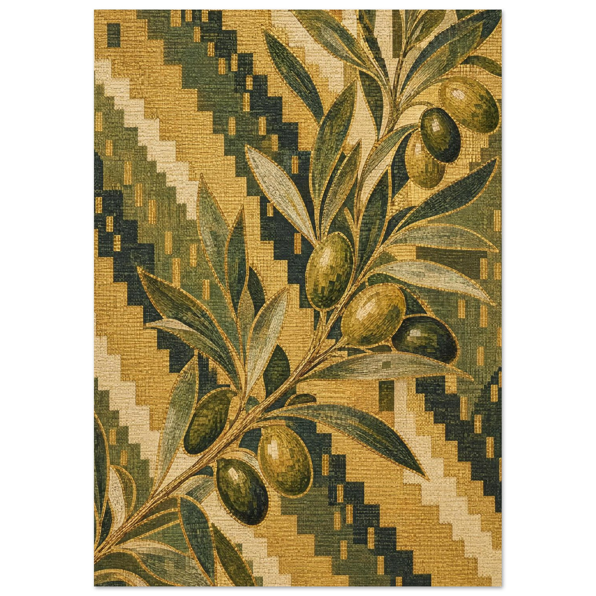 Olive branch with green olives and slender leaves over a green, ochre and cream stepped pattern with woven-look texture.