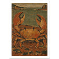 Orange and ochre crab with raised claws on a rocky shore, with muted green water and distant rocks in textured brushstrokes.