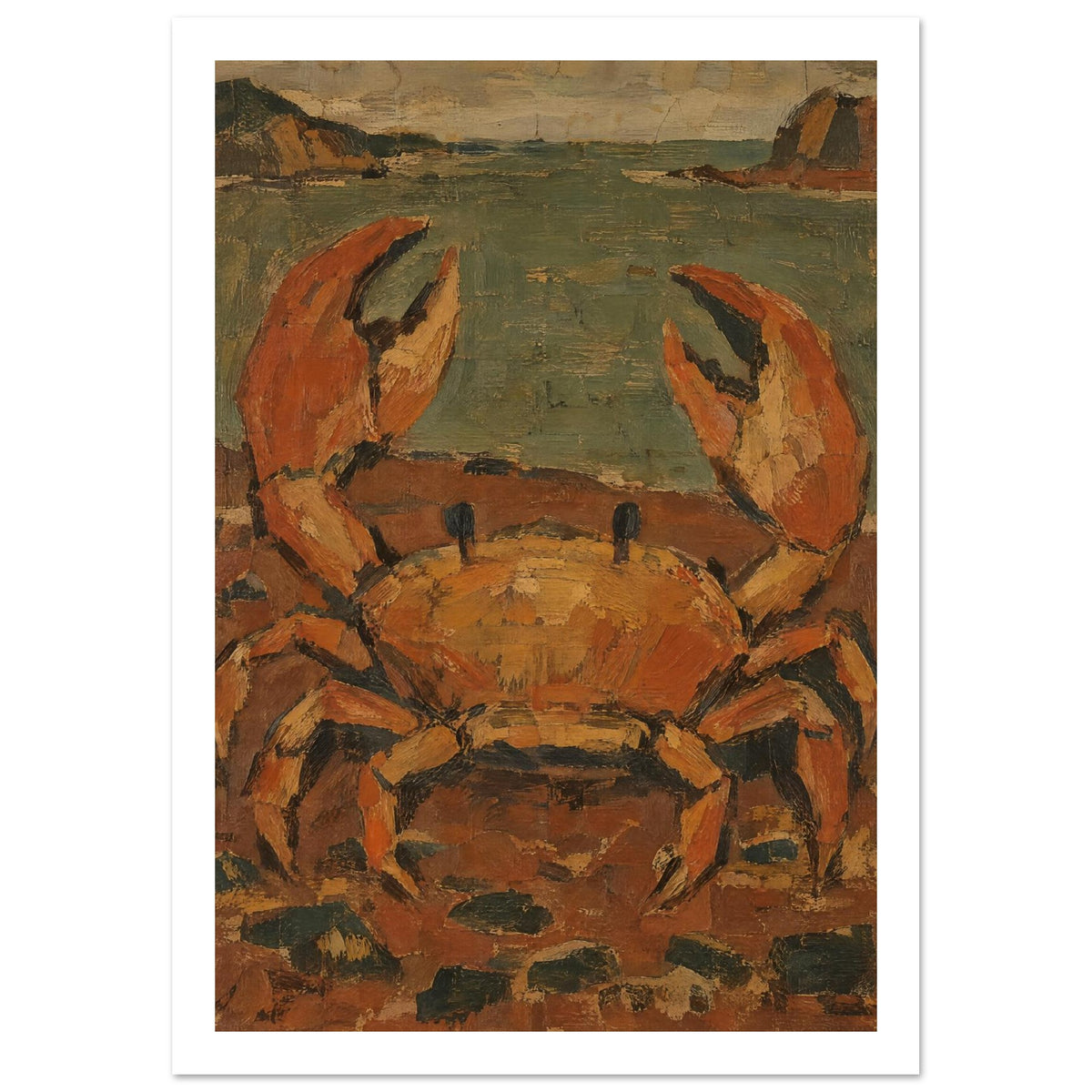 Orange and ochre crab with raised claws on a rocky shore, with muted green water and distant rocks in textured brushstrokes.