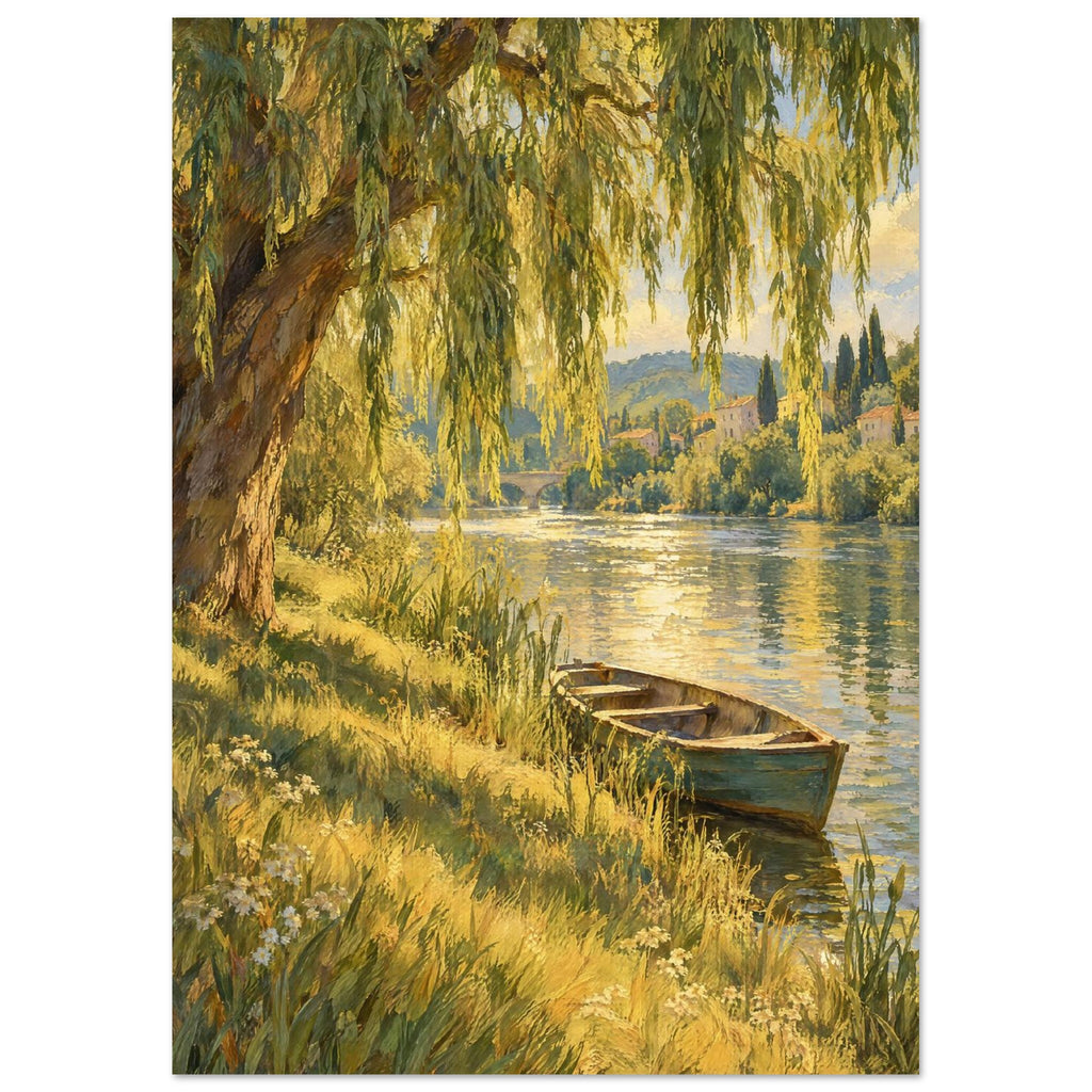 Willow tree over a sunlit river, with a wooden rowboat beside a grassy bank and houses and hills beyond.