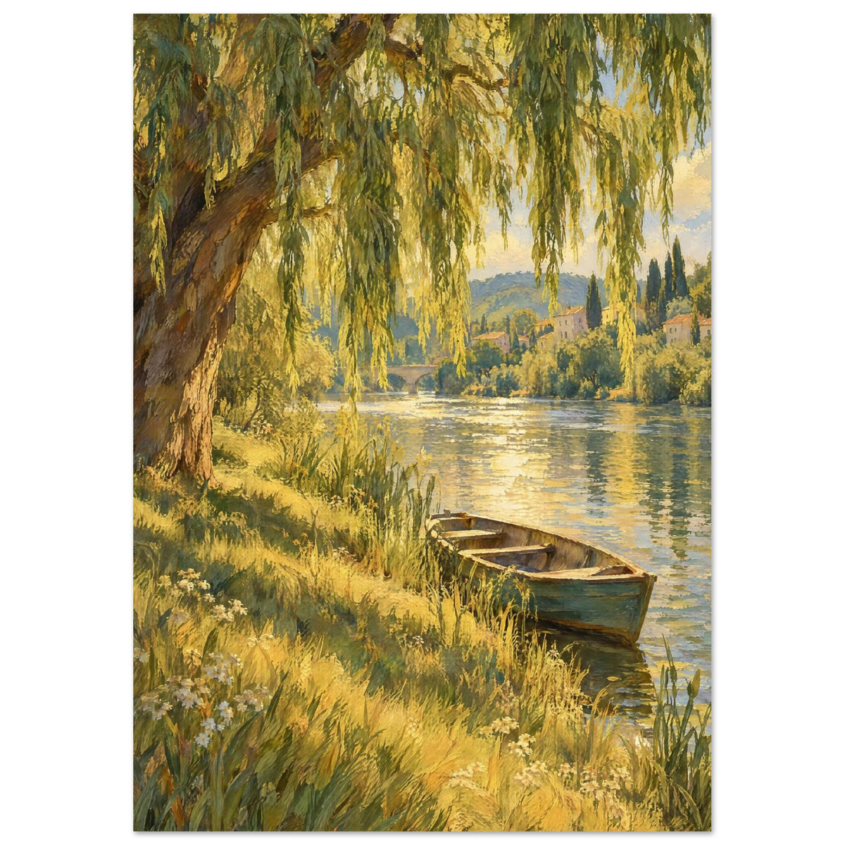 Willow tree over a sunlit river, with a wooden rowboat beside a grassy bank and houses and hills beyond.