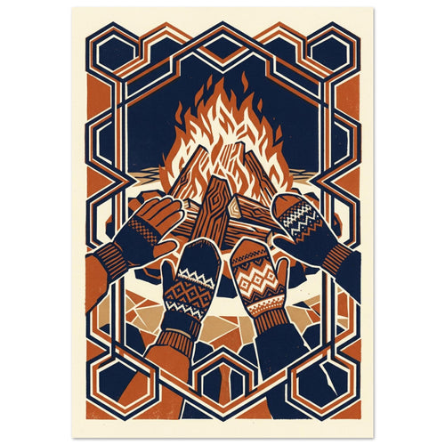 Four gloved and mittened hands held towards a bonfire, in navy, rust and cream with an interlocking geometric border.